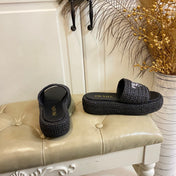 PRADA 26S SLIDE SANDALS IN BLACK LOGO RAFFIA