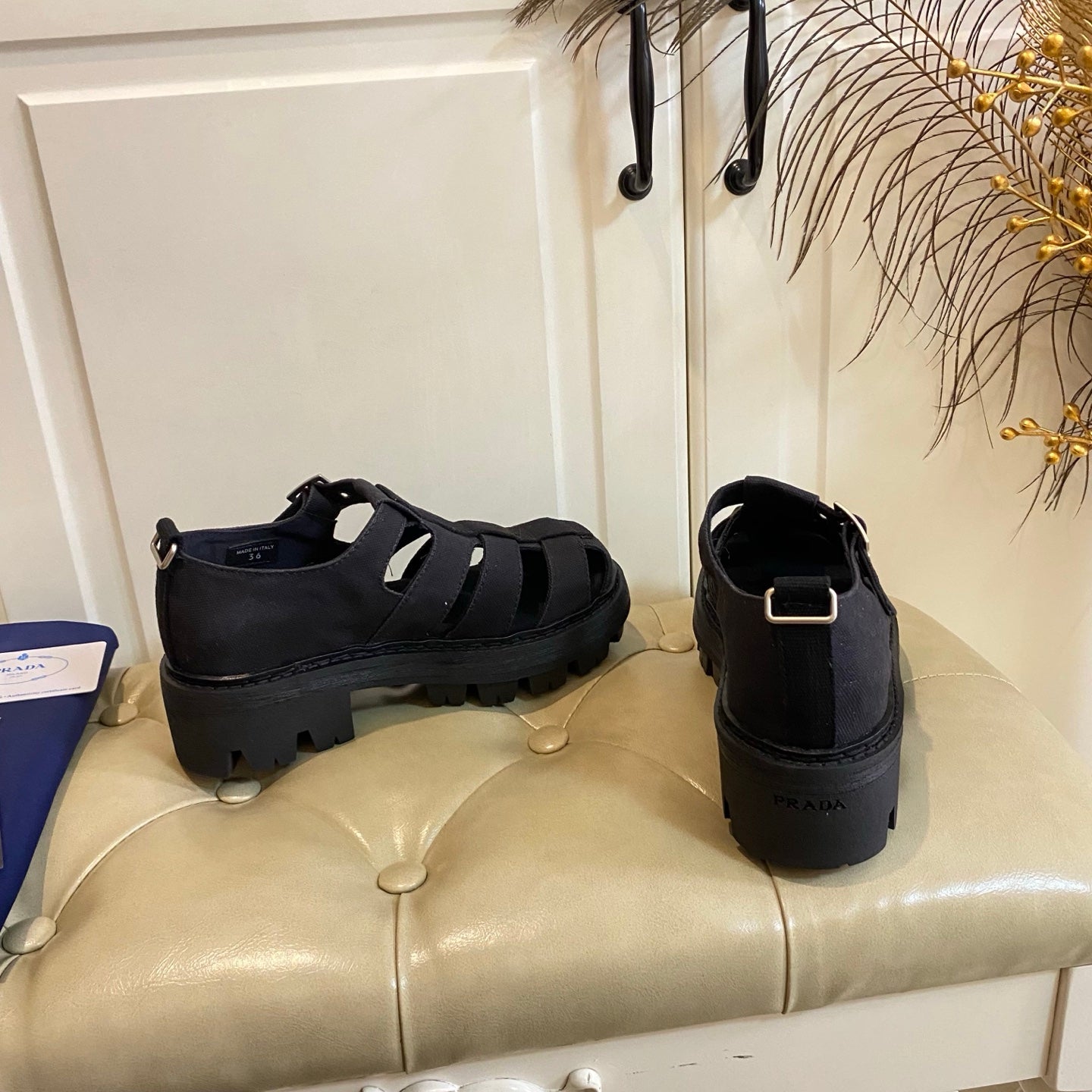 PRADA 26S BUCKLE FISHERMAN SANDALS CHUNKY SOLE IN BLACK CANVAS