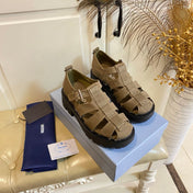PRADA 26S BUCKLE FISHERMAN SANDALS CHUNKY SOLE IN BROWN CANVAS