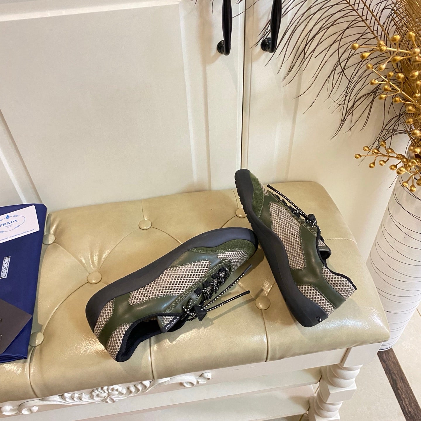 PRADA 26S LACE UP SNEAKERS CHUNKY SOLE IN OLIVE GREEN TECH FABRIC AND MESH