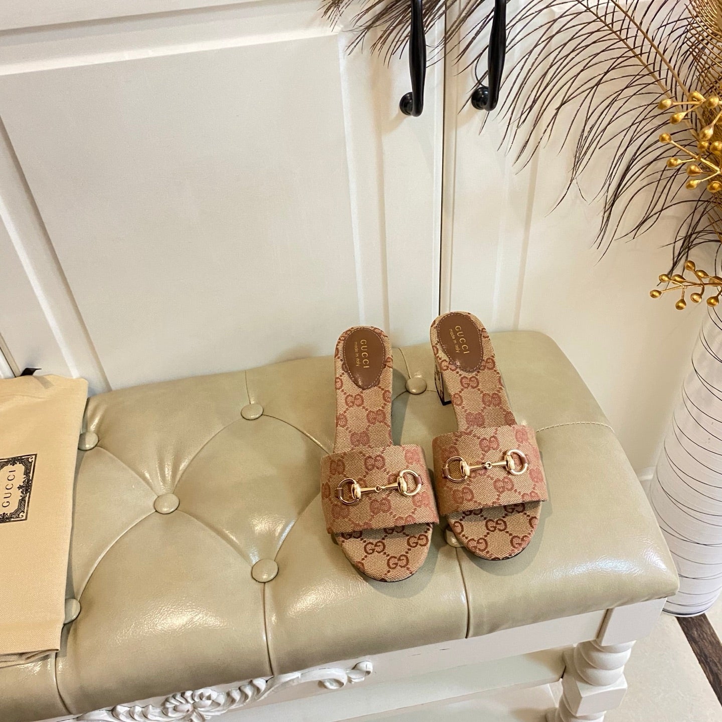 GUCCI 26S HIGH-HEELED SANDALS 65 MM IN CAMEL BROWN CANVAS