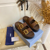 PRADA 26S DOUBLE BUCKLE SLIDE SANDALS CHUNKY SOLE IN DARK BROWN SUEDE