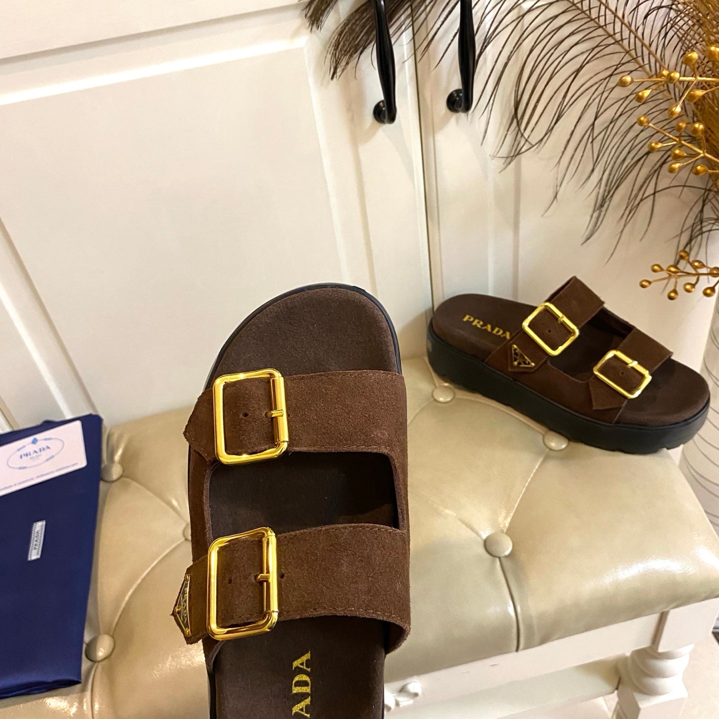 PRADA 26S DOUBLE BUCKLE SLIDE SANDALS CHUNKY SOLE IN DARK BROWN SUEDE