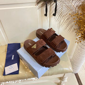 PRADA 26S DOUBLE STRAP SANDALS CHUNKY SOLE IN DARK BROWN SUEDE WITH LOGO