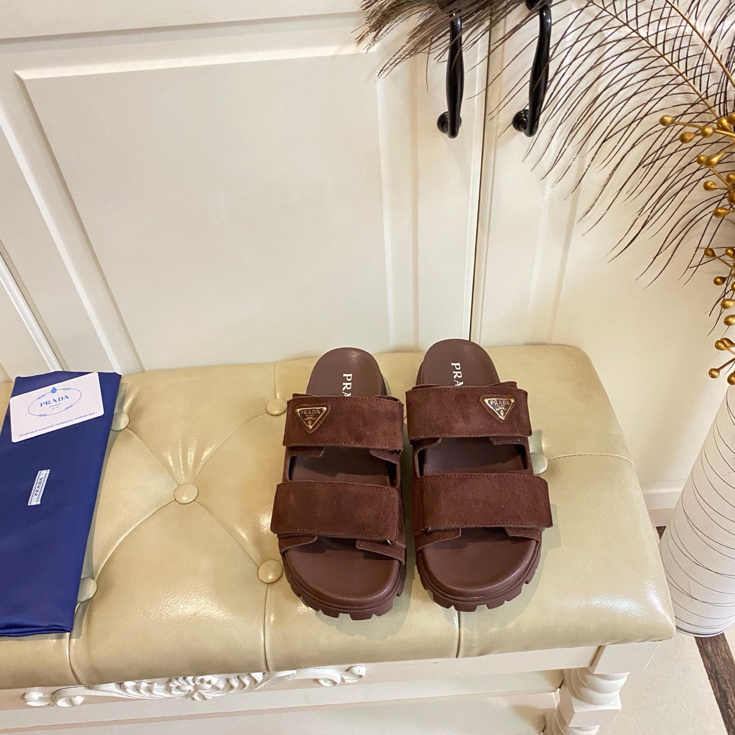 PRADA 26S DOUBLE STRAP SANDALS CHUNKY SOLE IN DARK BROWN SUEDE WITH LOGO