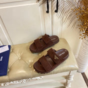 PRADA 26S DOUBLE STRAP SANDALS CHUNKY SOLE IN DARK BROWN SUEDE WITH LOGO