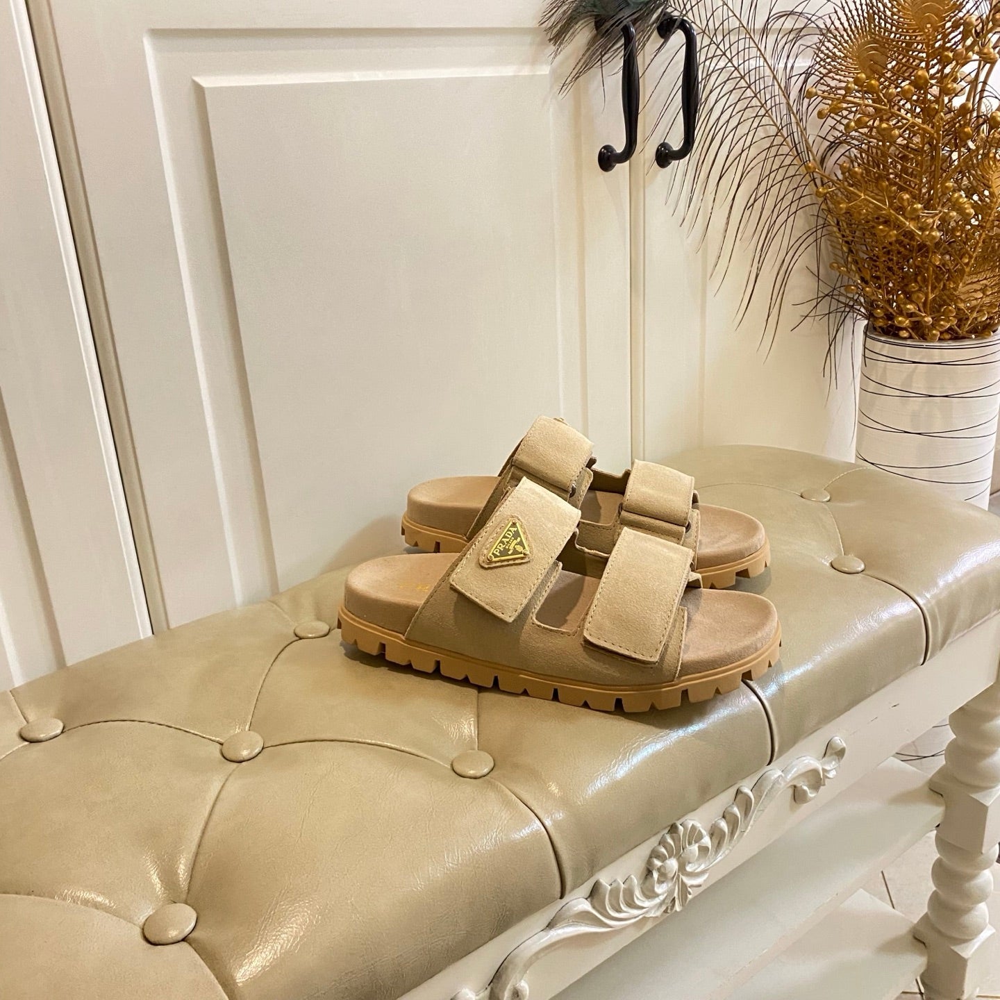 PRADA 26S DOUBLE STRAP SANDALS CHUNKY SOLE IN BEIGE SUEDE WITH LOGO