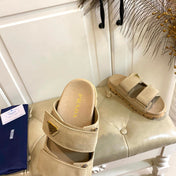 PRADA 26S DOUBLE STRAP SANDALS CHUNKY SOLE IN BEIGE SUEDE WITH LOGO