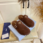 PRADA 26S BUCKLE CLOG SANDALS CHUNKY SOLE IN DARK BROWN SUEDE