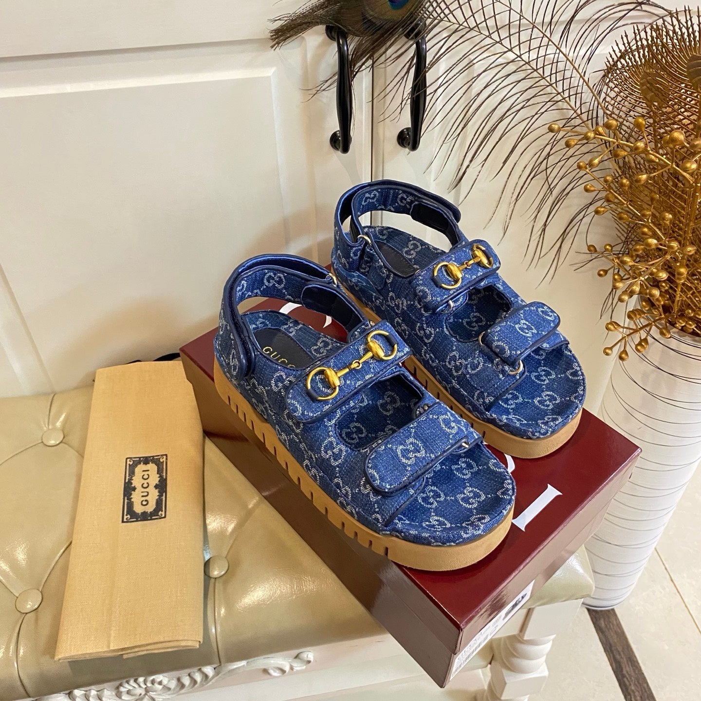 GUCCI 26S SANDALS IN BLUE JACQUARD FABRIC STYLE 1