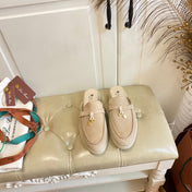LP 26S LOCK CHARM MULES IN LIGHT BROWN SUEDE GOLD HARDWARE