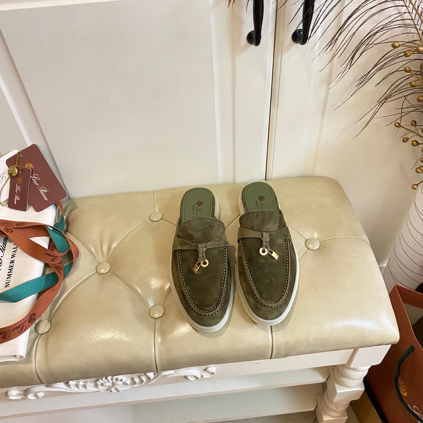 LP 26S LOCK CHARM MULES IN DARK OLIVE GREEN SUEDE GOLD HARDWARE