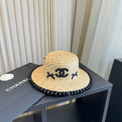CHANEL 26S BOATER STRAW HAT WITH BLACK CC LOGO 337952