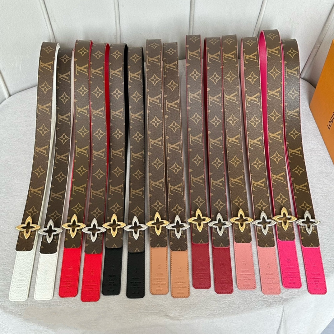 LV Flowergram 30mm Reversible Belt Gold Buckle Red Brown Leather