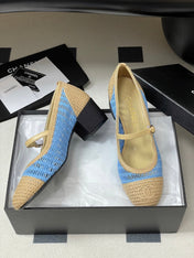 HIGH BALLET MARY JANE 50MM IN NATURAL BEIGE AND BLUE RAFFIA