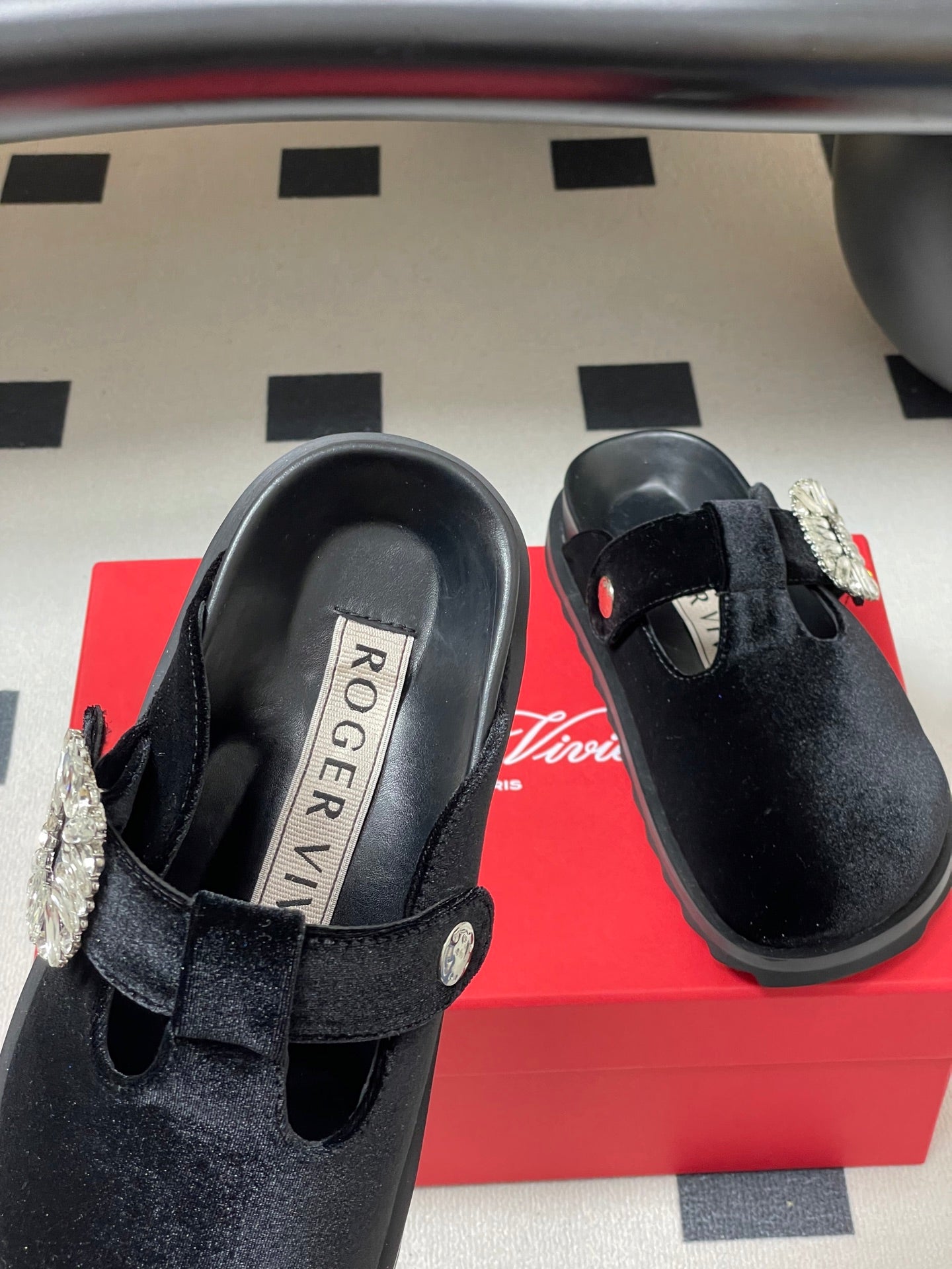 ROGER VIVIER 25S VIV' RANGERS MULES IN BLACK VELVET EMBELLISHED CRYSTALS