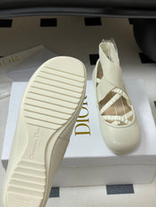DIOR STRETCH BALLET FLATS 25S IN CREAM WHITE LAMBSKIN WITH CROSSED STRAPS