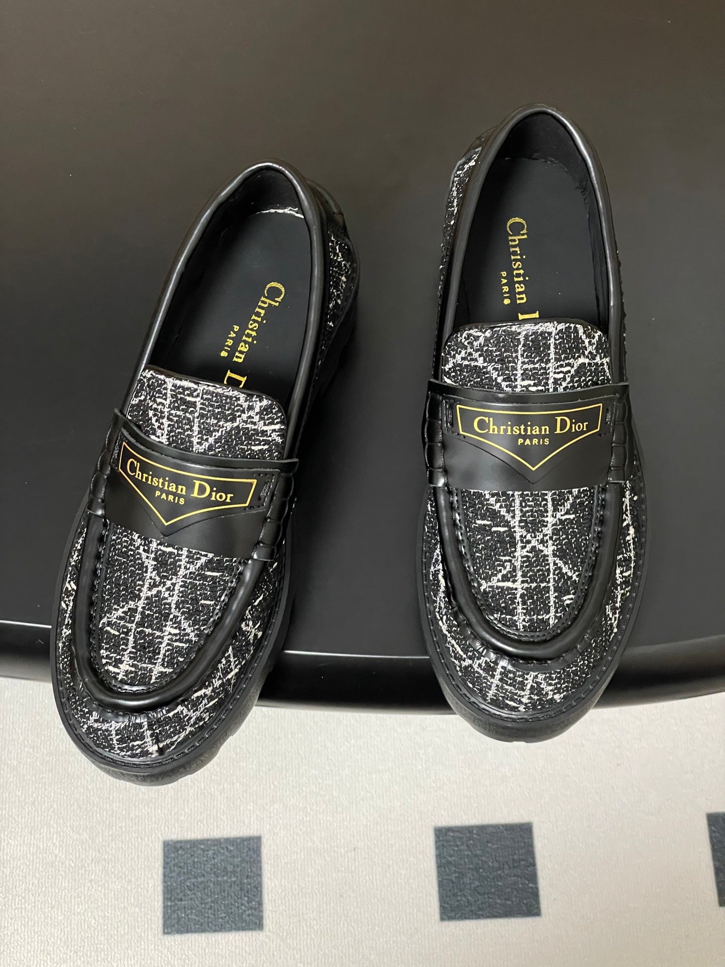 DIOR 25S BOY PLATFORM LOAFERS IN BLACK MIX WHITE TWEED AND LAMBSKIN