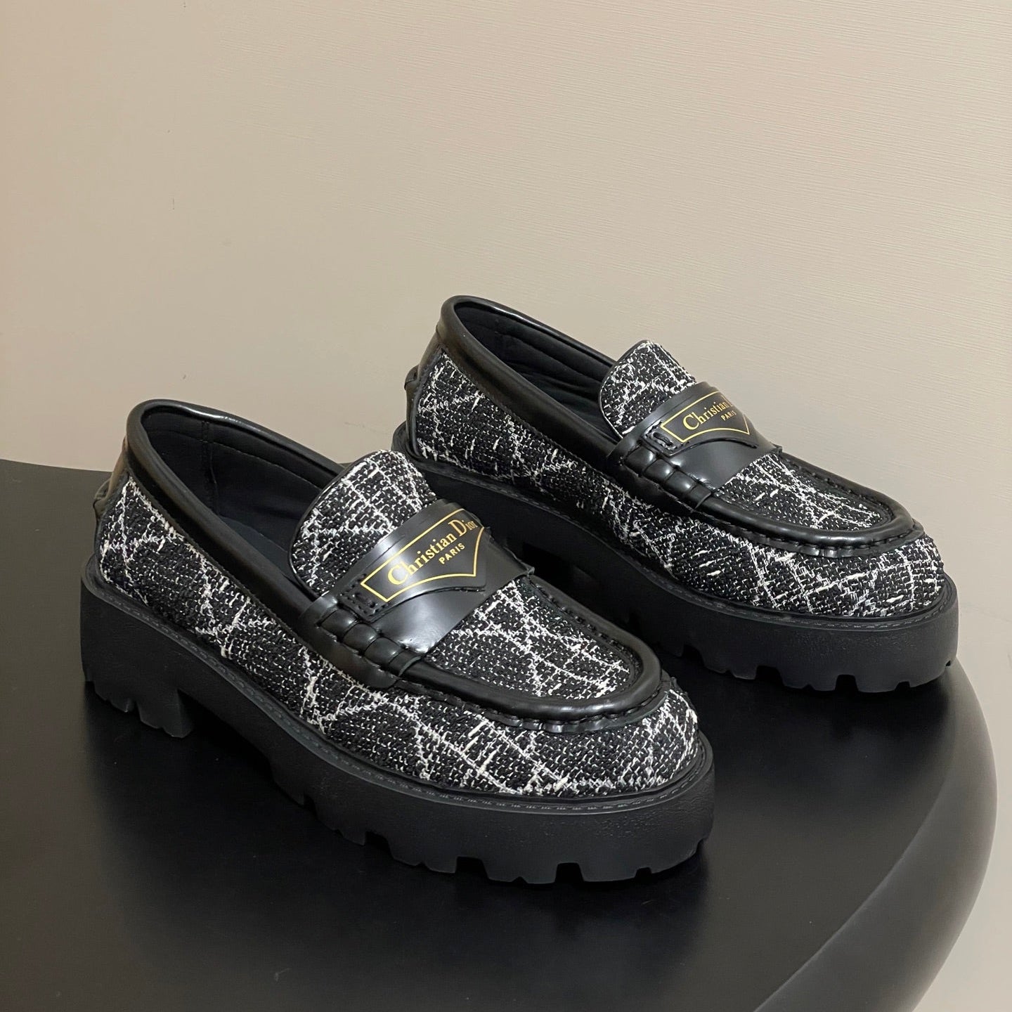 DIOR 25S BOY PLATFORM LOAFERS IN BLACK MIX WHITE TWEED AND LAMBSKIN