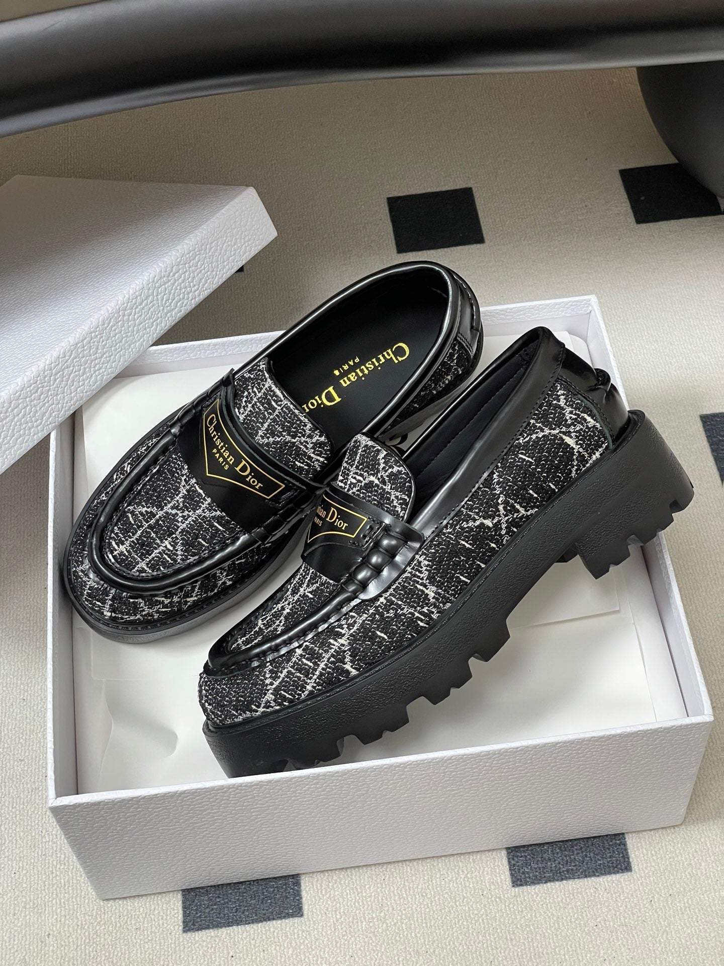 DIOR 25S BOY PLATFORM LOAFERS IN BLACK MIX WHITE TWEED AND LAMBSKIN