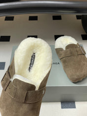 BALENCIAGA 25S FUR-LINED MULES IN DARK EARTH BROWN FAUX LEATHER