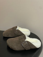 BALENCIAGA 25S FUR-LINED MULES IN DARK EARTH BROWN FAUX LEATHER