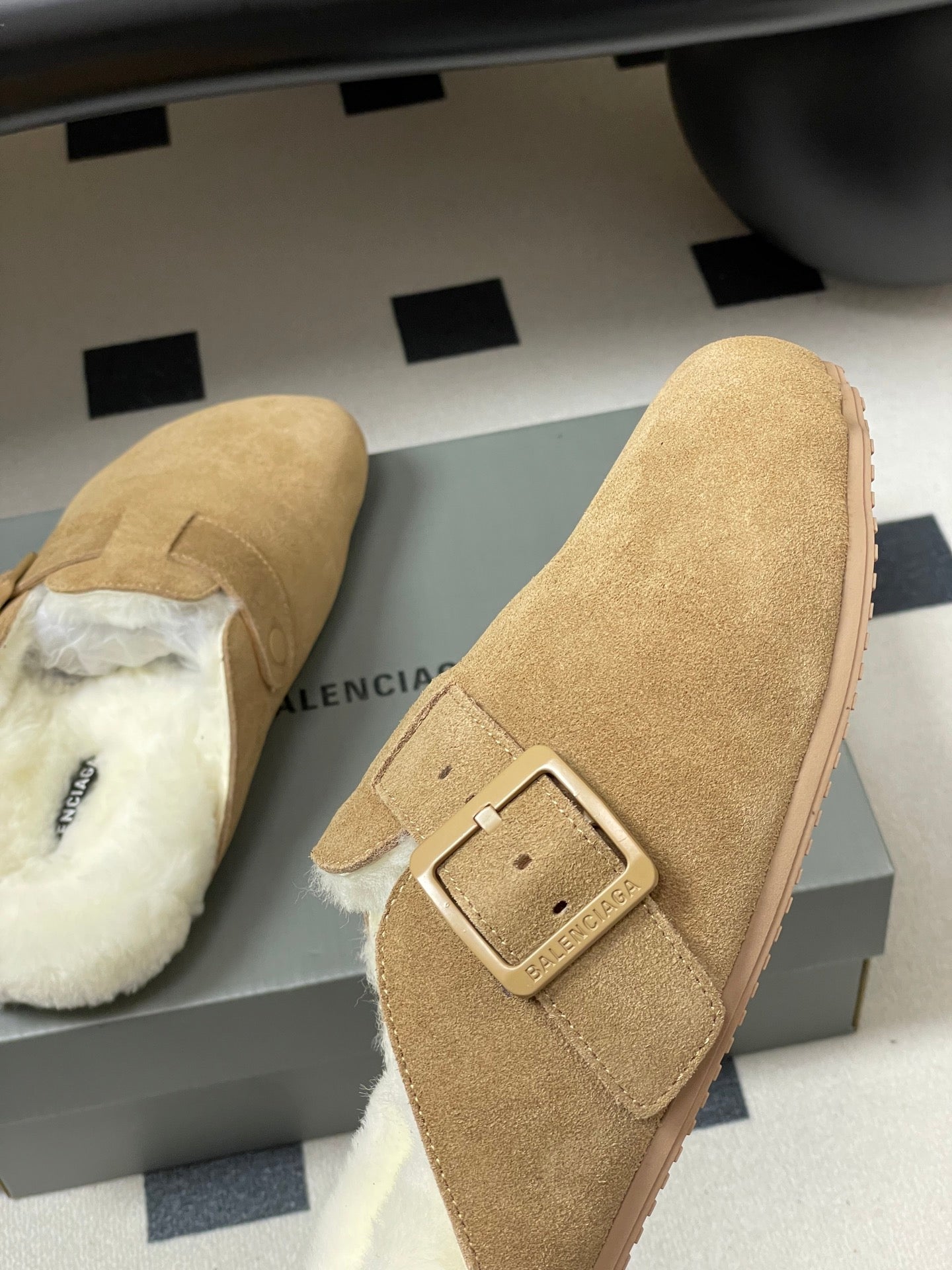 BALENCIAGA 25S FUR-LINED MULES IN LIGHT BROWN FAUX LEATHER