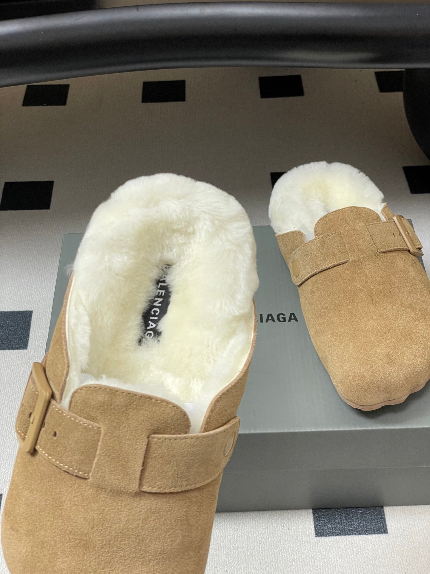 BALENCIAGA 25S FUR-LINED MULES IN LIGHT BROWN FAUX LEATHER