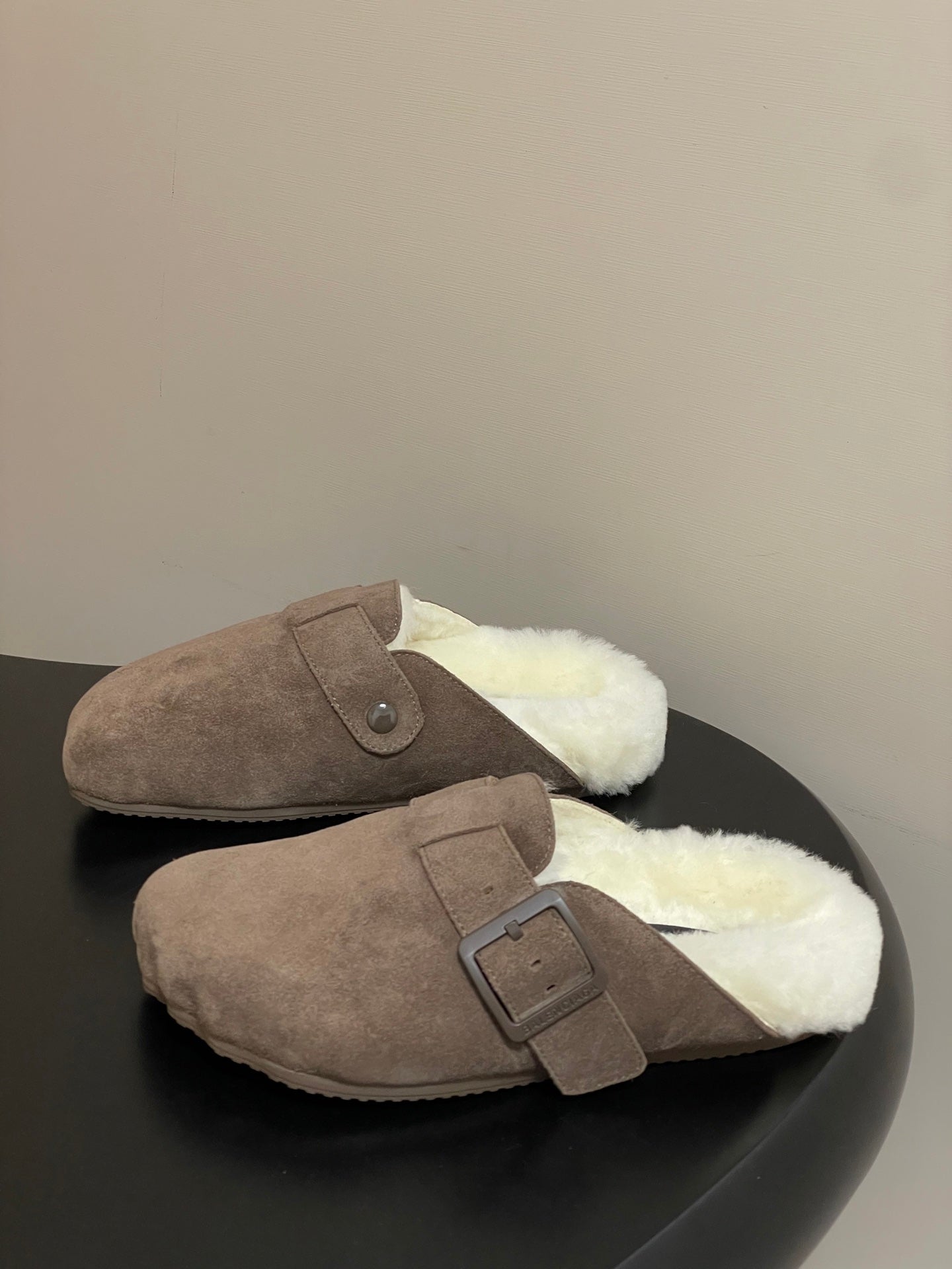 BALENCIAGA 25S FUR-LINED MULES IN EARTH BROWN FAUX LEATHER