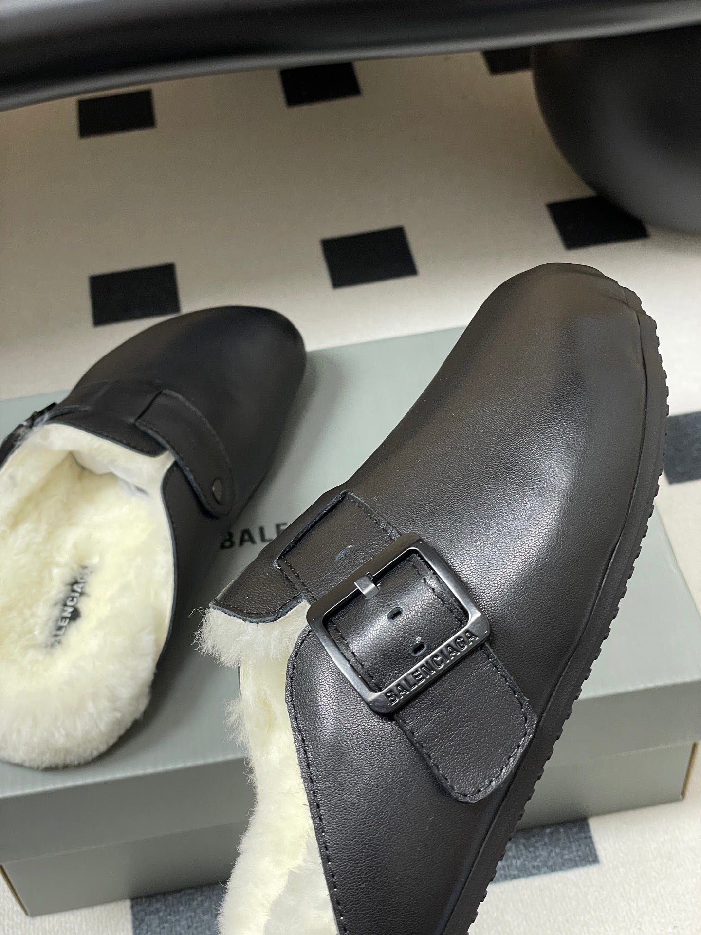 BALENCIAGA 25S FUR-LINED MULES IN BLACK FAUX LEATHER