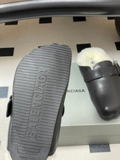 BALENCIAGA 25S FUR-LINED MULES IN BLACK FAUX LEATHER