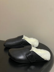 BALENCIAGA 25S FUR-LINED MULES IN BLACK FAUX LEATHER