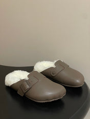 BALENCIAGA 25S FUR-LINED MULES IN TAUPE GRAY FAUX LEATHER