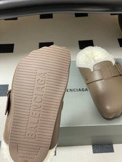 BALENCIAGA 25S FUR-LINED MULES IN TAUPE GRAY FAUX LEATHER