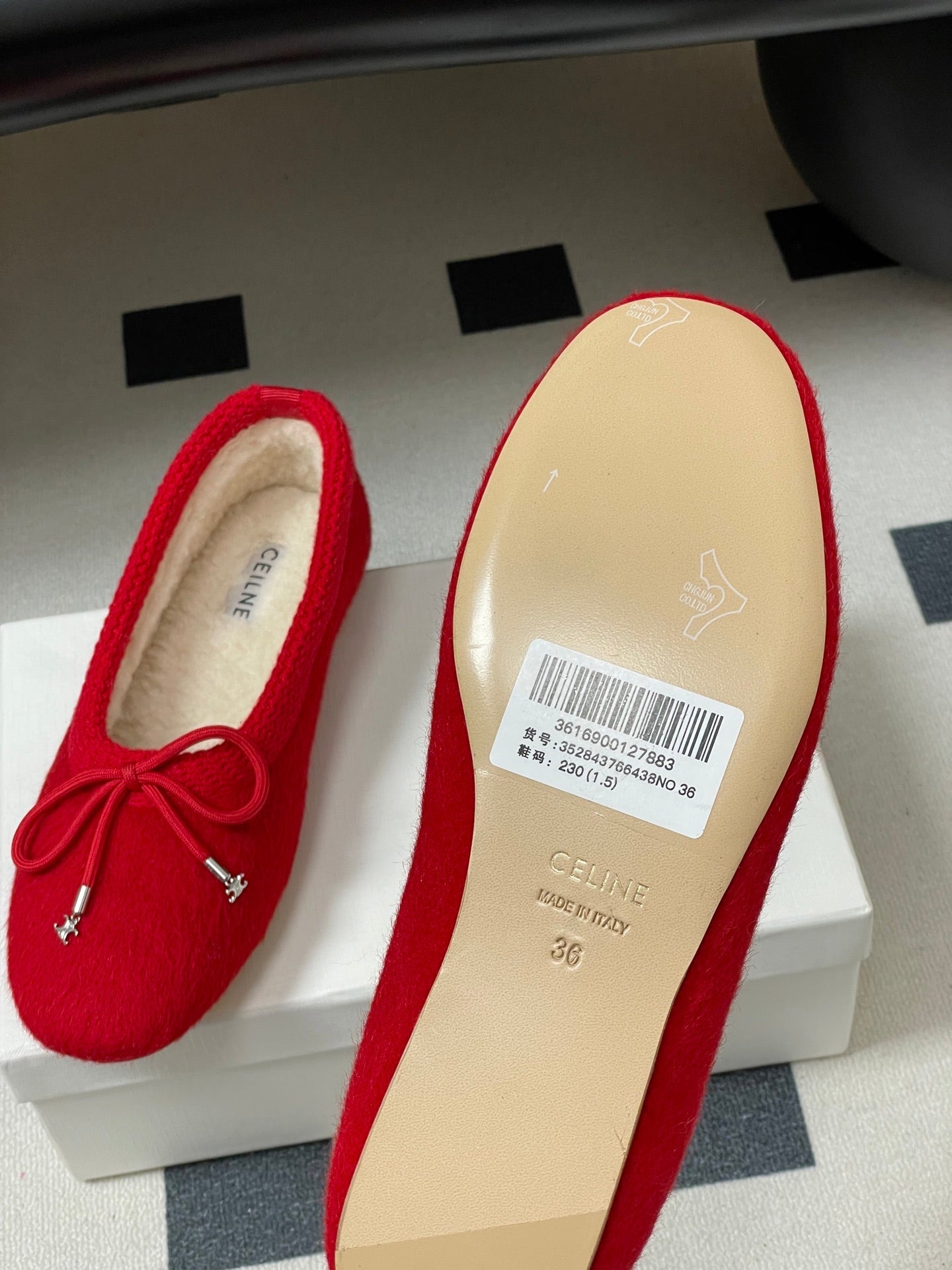 CELINE 26S BALLET FLATS IN RED WOOL WITH BOW STYLE 3