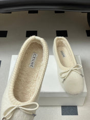 CELINE 26S BALLET FLATS IN CREAM WHITE WOOL WITH BOW