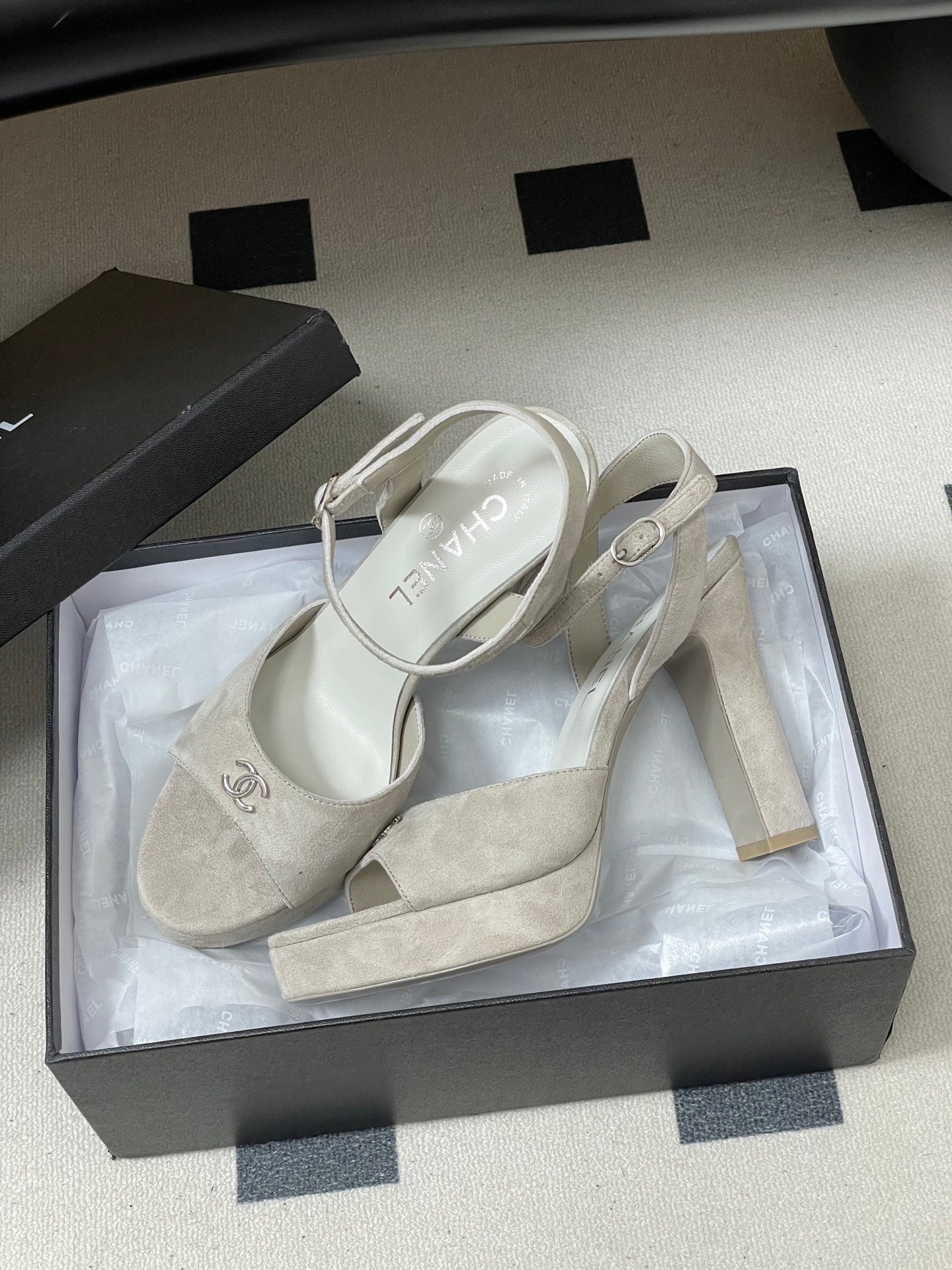 CHANEL 26S HIGH HEEL SANDALS 120 MM IN CREAM BEIGE SUEDE