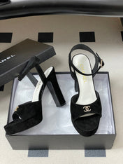 CHANEL 26S HIGH HEEL SANDALS 120 MM IN BLACK SUEDE