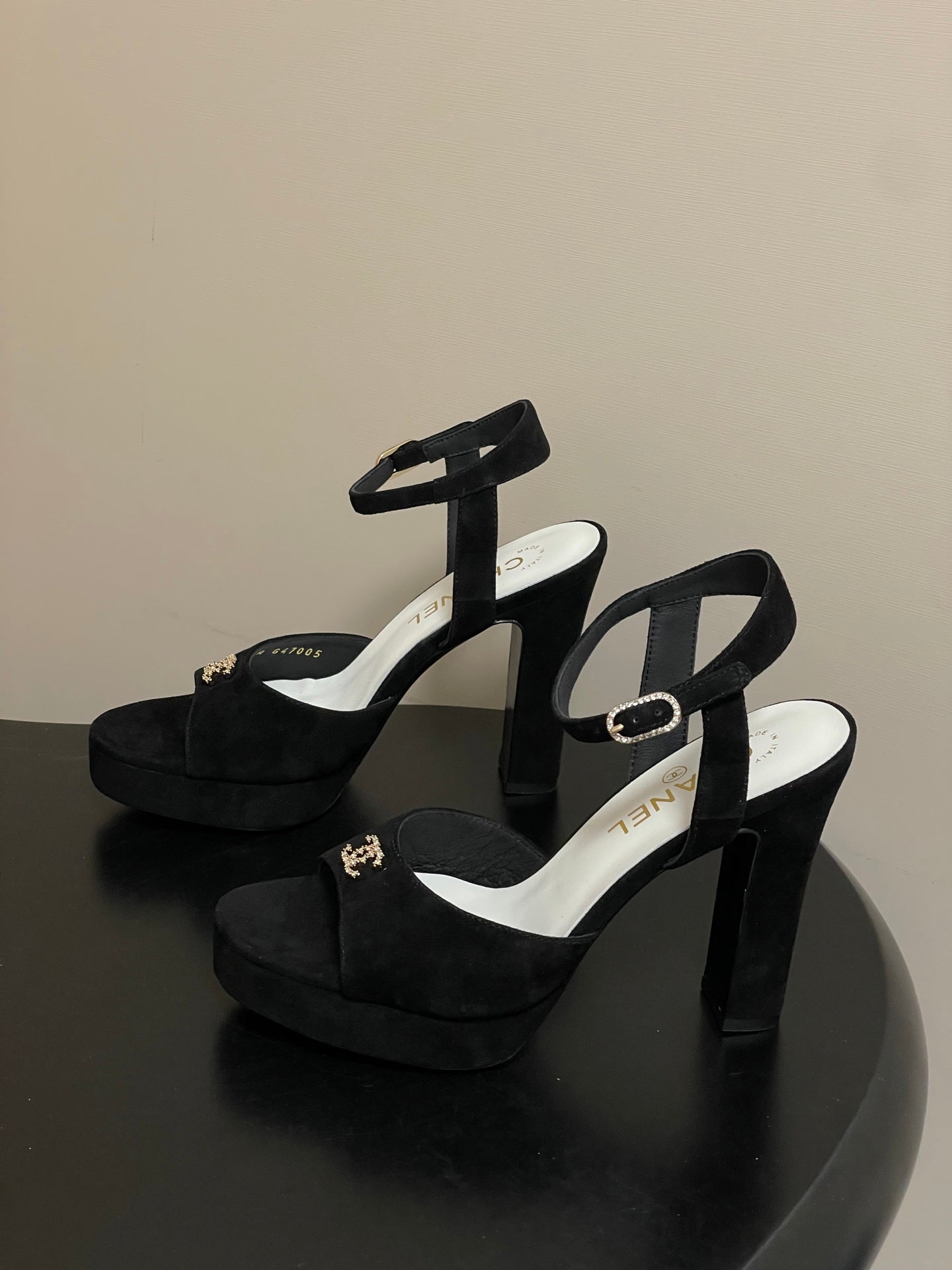 CHANEL 26S HIGH HEEL SANDALS 120 MM IN BLACK SUEDE