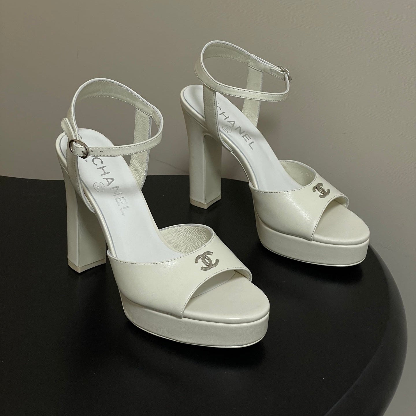 CHANEL 26S HIGH HEEL SANDALS 120 MM IN CREAM WHITE LAMBSKIN