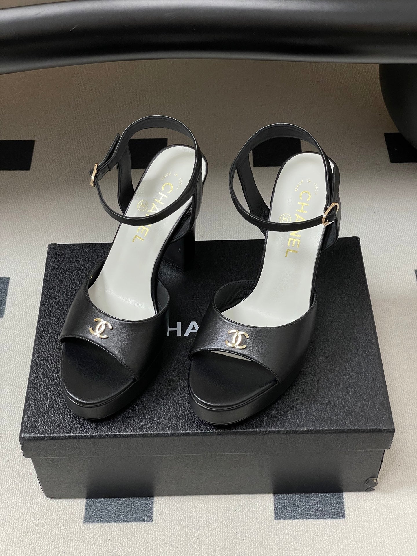 CHANEL 26S HIGH HEEL SANDALS 120 MM IN BLACK LAMBSKIN