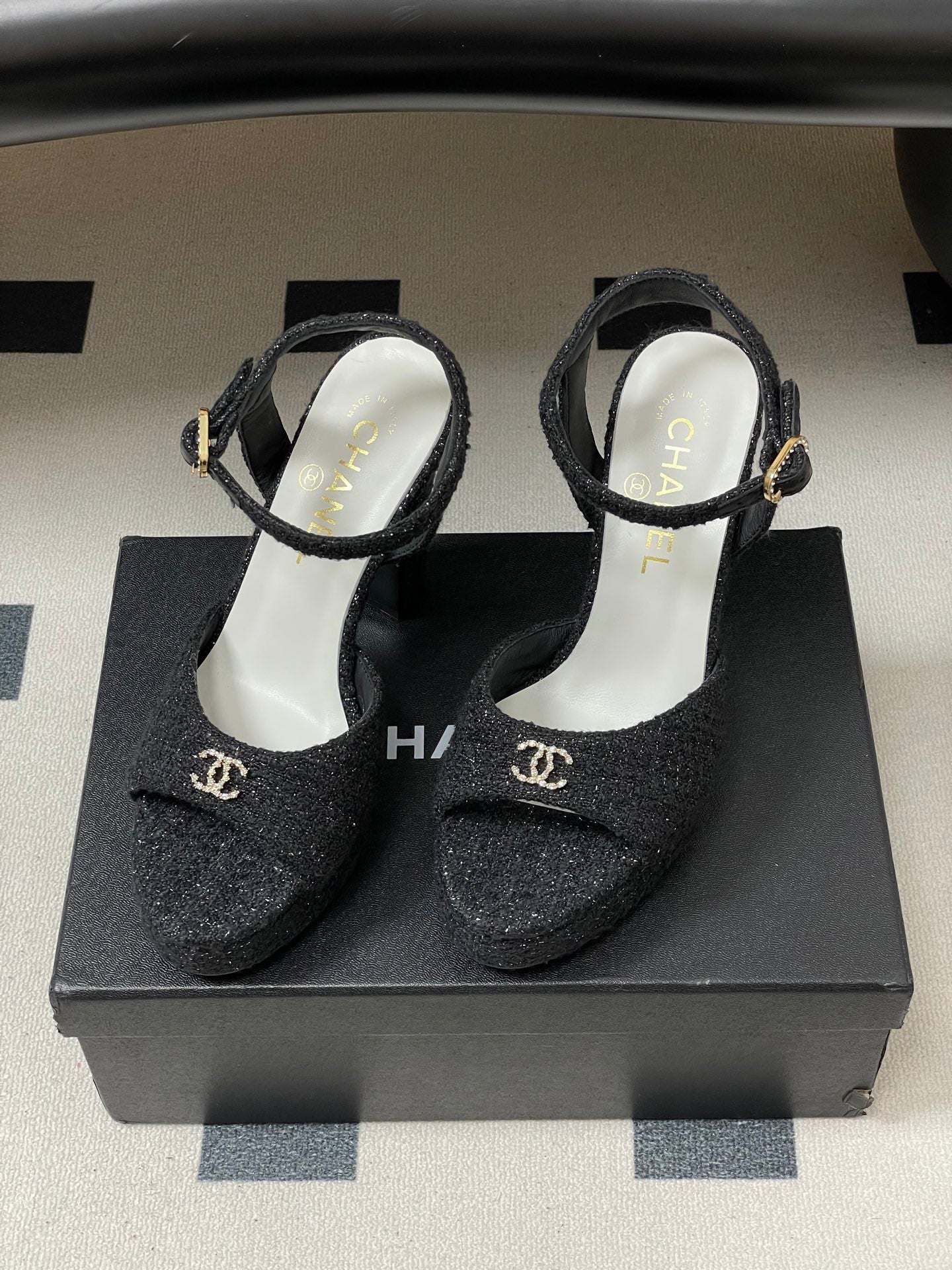 CHANEL 26S HIGH HEEL SANDALS 120 MM IN BLACK TWEED