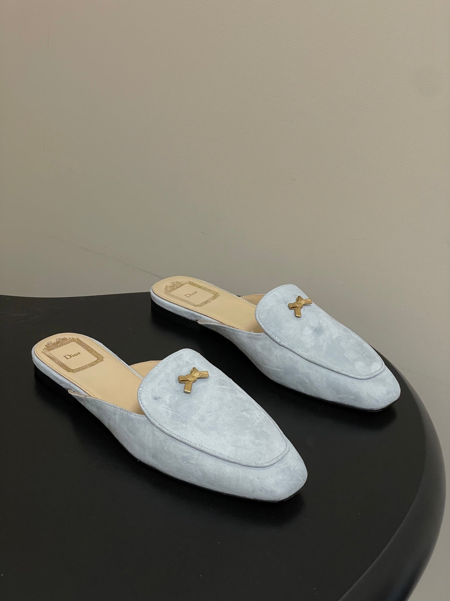 DIOR 26S MULES IN LIGHT BLUE GRAY SUEDE WITH BOW