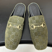 GUCCI 26S HORSEBIT LOAFER MULES IN MOSS GREEN SUEDE