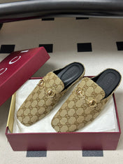 GUCCI 26S HORSEBIT LOAFER MULES IN BEIGE CANVAS