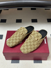 GUCCI 26S HORSEBIT LOAFER MULES IN BEIGE CANVAS