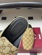GUCCI 26S HORSEBIT LOAFER MULES IN BEIGE CANVAS