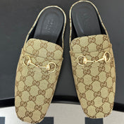 GUCCI 26S HORSEBIT LOAFER MULES IN BEIGE CANVAS