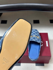 GUCCI 26S HORSEBIT LOAFER MULES IN BLUE DENIM