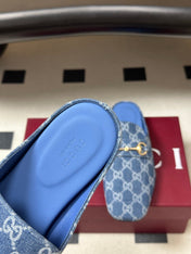 GUCCI 26S HORSEBIT LOAFER MULES IN BLUE DENIM